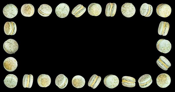 Macarons frame, fly falling macaroon. Alpha Channel