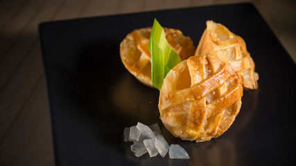 Delicious Toddy Palm Pie, Toddy Palm jam pie, homemade bakery on black  dish, selective focus