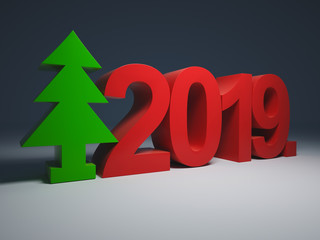 2019 figures with the symbol of the Christmas tree 3D illustration for holiday cards or posters