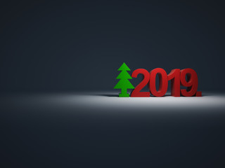 2019 figures with the symbol of the Christmas tree 3D illustration for holiday cards or posters