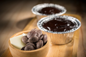 Chocolate Fudge Cupcake, Homemade bakery pastry on wooden background, selective focus