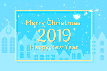 Merry Christmas & Happy New Year 2019 on City background. Vector Illustration.