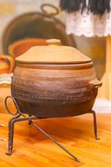Pot for cooking meals on fire, made of clay. Traditional pot made of clay