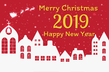 Merry Christmas & Happy New Year 2019 on City background. Vector Illustration.