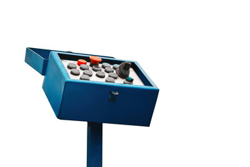 Control panel of elevating work platform isolated on white background. Panel with joysticks and buttons to control the crane telescope bucket. Buttons for controlling  functions of the truck equipment
