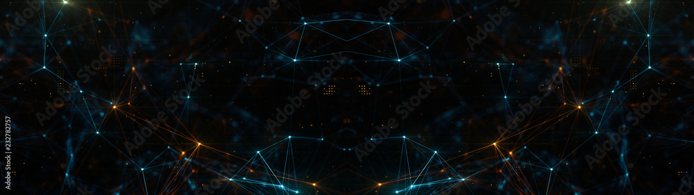 Poster abstract ultra wide plexus structure of many glowing lines and particles. orange blurred background 