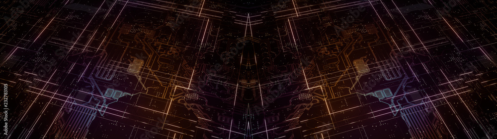 Wall mural digital electronic circuit board. abstract ultra wide structure of many glowing lines and geometric 
