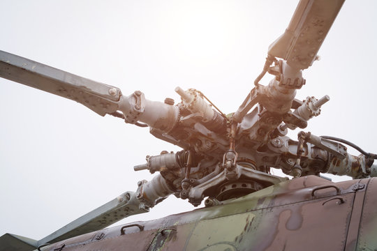 Old russian combat helicopter MI-24V, detail russian arms
