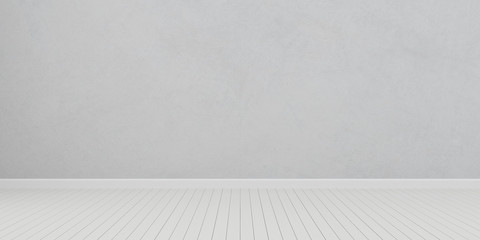 Stimulate image of white empty room interior and laminate wood floor with sun light cast shadow on the wall,Perspective of minimal design architecture. 3D rendering