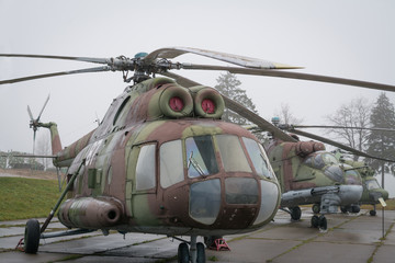 Fototapeta na wymiar Old russian combat helicopter MI-24V, detail russian arms