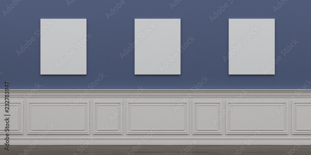 Poster stimulate image of empty room interior and laminate wood floor with white blank pictures frame on th