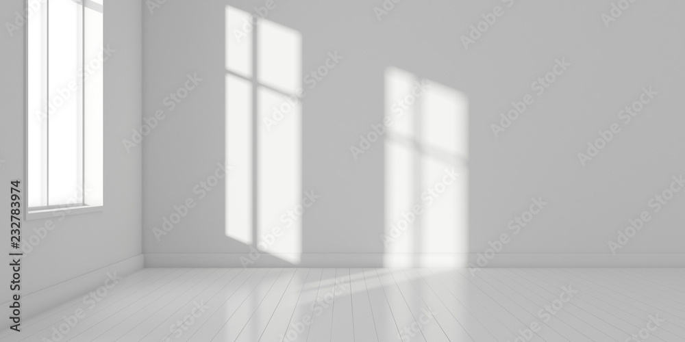 Fototapete stimulate image of white empty room interior and laminate wood floor with sun light cast shadow on t