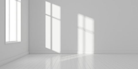 Stimulate image of white empty room interior and laminate wood floor with sun light cast shadow on the wall,Perspective of minimal design architecture. 3D rendering