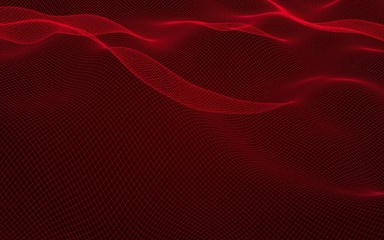 Abstract landscape on a red background. Cyberspace grid. Hi-tech network. 3D illustration