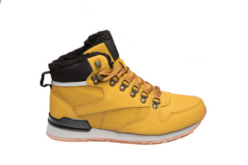 single yellow male shoe with fur, nubuck leather, isolate on a white background