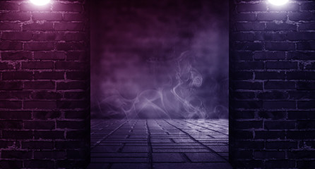 Background of a dark room with brick walls and concrete floor. Neon light, spotlight, smoke, fog, smog