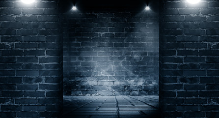 Background of a dark room with brick walls and concrete floor. Neon light, spotlight, smoke, fog, smog