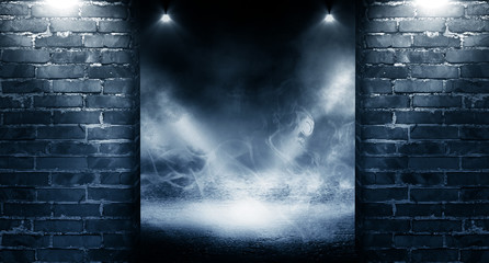 Background of a dark room with brick walls and concrete floor. Neon light, spotlight, smoke, fog, smog