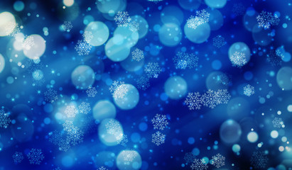 Festive christmas blue background with bokeh, glow, lights, snowflakes