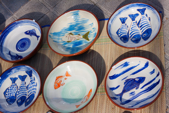 Ceramic pottery for sale at a local market in Esporles, Mallorca, Spain