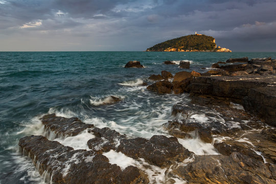 Summer sunset at Tino Island, municipality of Porto Venere, La Spezia province, Liguria, Italy, Europe