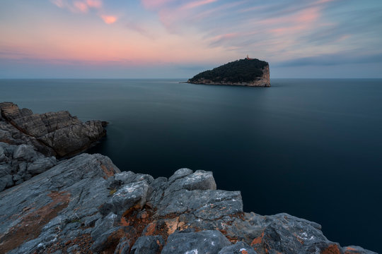 Summer sunset at Tino Island, municipality of Porto Venere, La Spezia province, Liguria, Italy, Europe