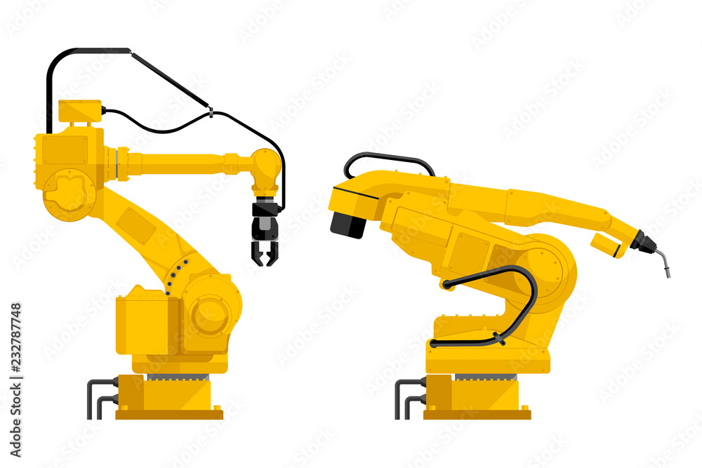 Leinwandbilder Set of assembly handling and welding robots isolated on white background. Vector illustration EPS 10.