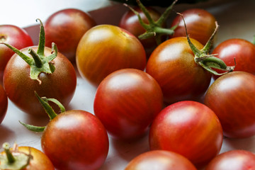 dark red cherry tomatoes. Black cherry tomatoes, selective focus. Ripe tomatoes on white plastic background.