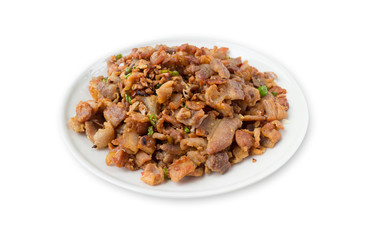 fried pork belly with fish sauce isolated on white background