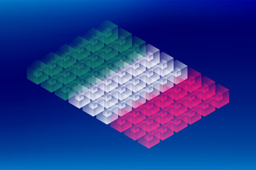 Isometric cube box transparency, Italy national flag shape, Blockchain cryptocurrency concept design illustration isolated on blue gradients background, Editable stroke