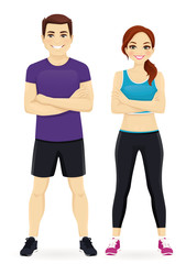 Young fitness man and woman in sports outfits isolated vector illustration