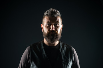young and brutal. Mature hipster with beard. Male barber care. Bearded man. Hair and beard care. Confident and handsome Brutal man. brutal caucasian hipster with moustache. Facial care. black.