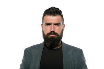 Obraz premium time for new haircut. Bearded man. Confident and handsome Brutal man. Getting beard haircut by hairdresser at barbershop. Male barber care. Mature hipster with beard. Hair and beard care
