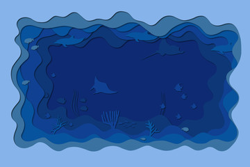 Sea bottom with fish paper cut blue illustration