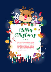 Christmas Card on dark navy background with reindeer, christmas ornament and snowflake. Christmas template Vector Illustration