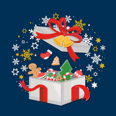 Christmas Card on dark navy Xmas background with gift box, christmas ornament and snowflakes. Merry Christmas card. Vector Illustration