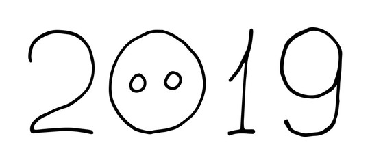 2019 pink text. Piggy piglet nose. Happy New Year Chinise symbol. Cartoon hand drawn doodle vector character