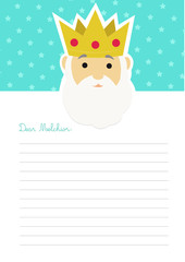 Letter template to king Melchior with an illustration of his head at the top on a light blue background with stars