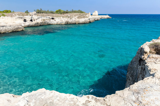 View of the coast and sea of Roca Vecchia, near Torre dell'Orso. Melendugno, province of Lecce, Salento, Apulia, Italy.