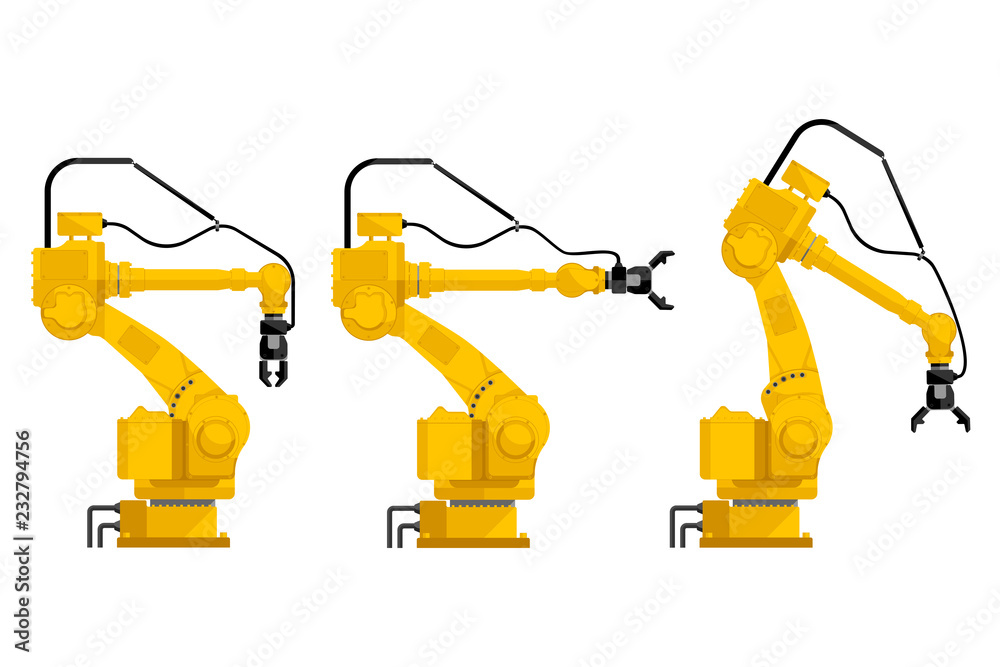 Leinwandbilder Set of assembly handling robots isolated on white background. Vector illustration EPS 10.