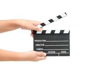 Little girl holding movie clapper isolated