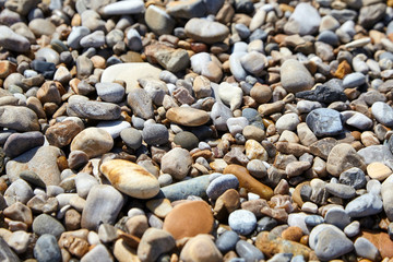 Pebble beach. Multicolored stones on the seashore