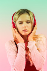 A woman listening to music