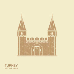 Topkapi Palace, Gate of Salutation, Istanbul, Turkey. Flat illustration with scuffed effect