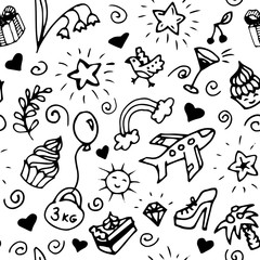 Birthday seamless pattern, black and white, doodle.