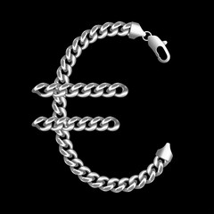 Silver euro money sign made of shiny thick silver chains.