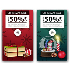 Two Christmas discount banners with Christmas books and snow globe