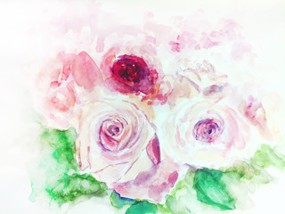 bouquet of pink roses watercolor illustration