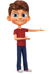 The character is a cheerful boy in a red T-shirt points hands on an empty space. 3d render Illustration for advertising.