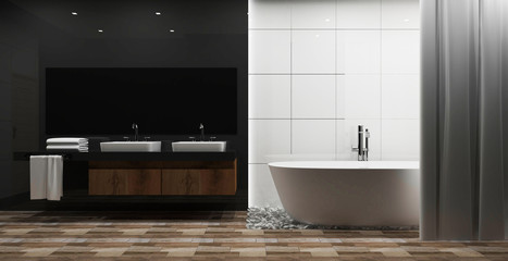 Obraz na płótnie Canvas white tile and gray glossy wall bathroom interior with white tub, muck up. 3d rendering